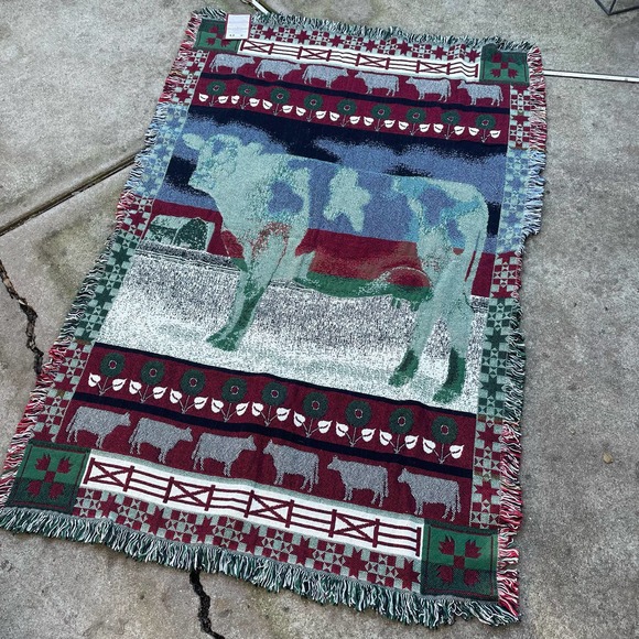 Vintage 1993 NWT Cow Cotton Woven Tapestry Blanket by the Rug Barn - Picture 5 of 7